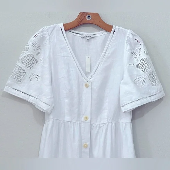 Madewell NWT Cassie Button-Front Midi Dress in Linen Size Small in Eyelet White - Picture 7 of 13